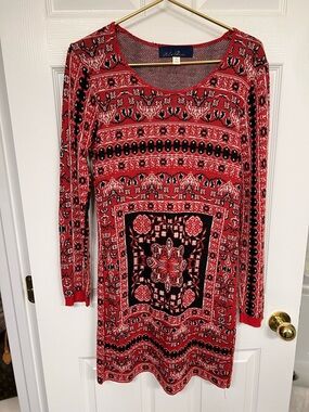 Blue Rain Red Black Patterned Long Sleeve Dress